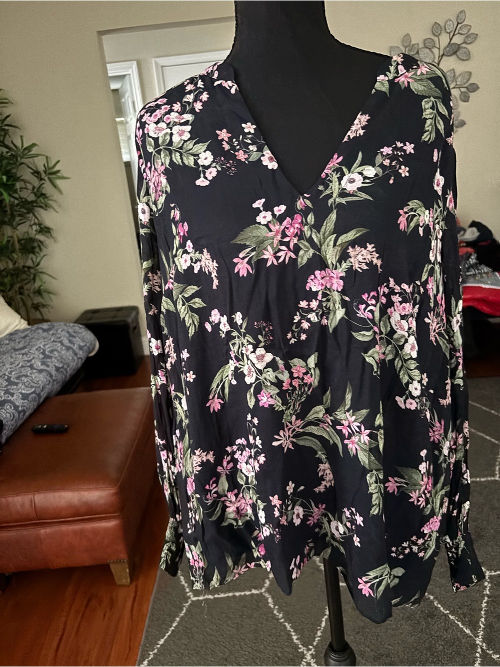 Nordstrom Black Floral V-Neck Blouse with Pink & Green Accents size 14